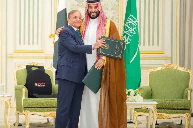Shehbaz Sharif and Crown Prince Mohammed bin Salman embrace after defence agreement