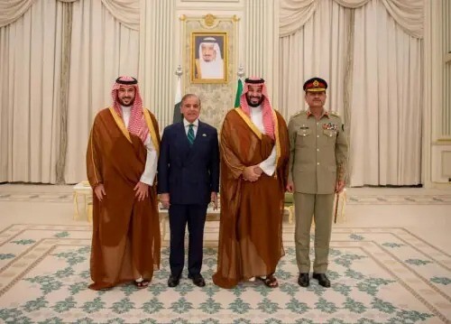 Saudi Arabia and Pakistan flags symbolizing mutual defence cooperation