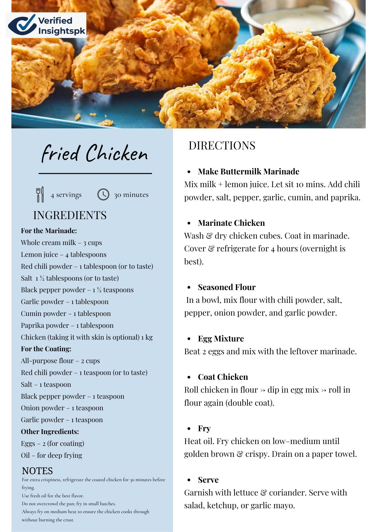 Crispy fried chicken recipe card