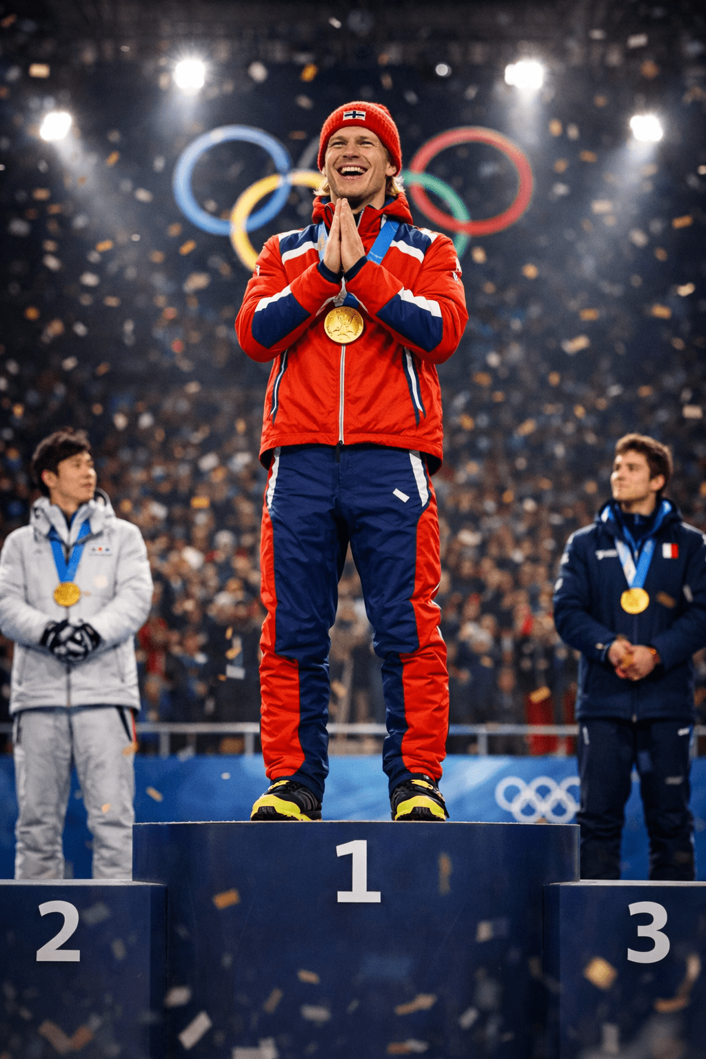 Men's large hill ski jumping podium ceremony 2026 Olympics with Lindvik, Stoch and Kraft