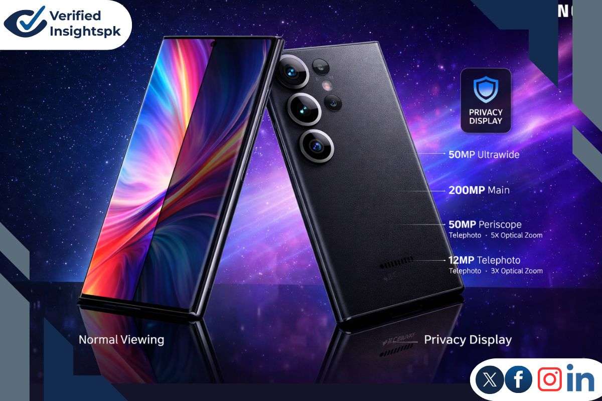 Samsung Galaxy S26 Ultra smartphone with Privacy Display feature and advanced cameras